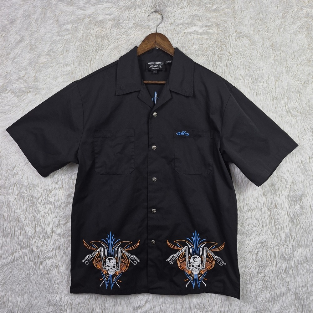 Ironhorse Originals Mens Black Embroidered Skull Biker Button Up Shirt Large